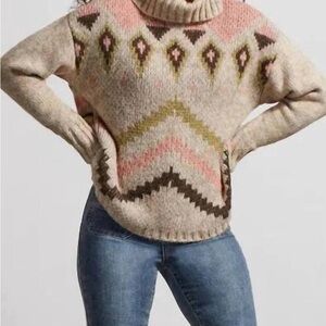 NWT Intarsia Cozy Chunky Turtleneck Sweater in Oatmeal, Pink, Green, and Brown